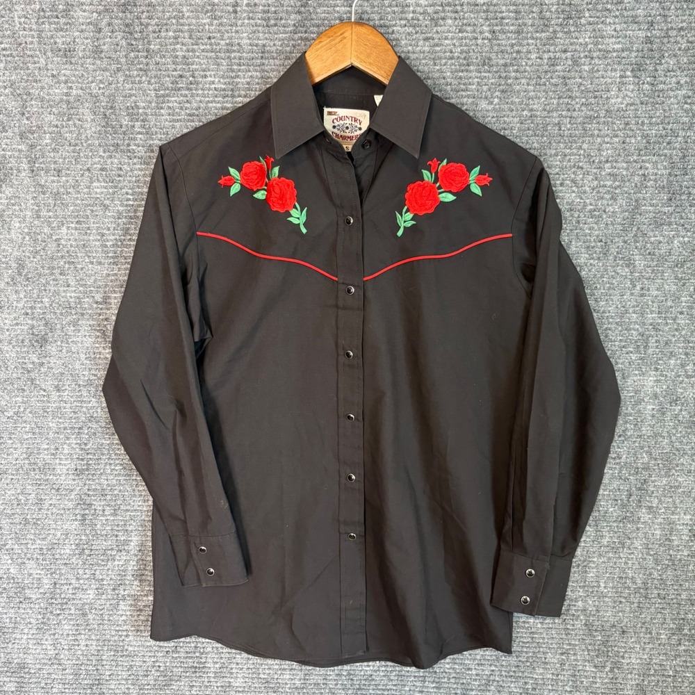 Country Charmers Womens Western Snap Shirt Black Rose Embroidered Vintage Style